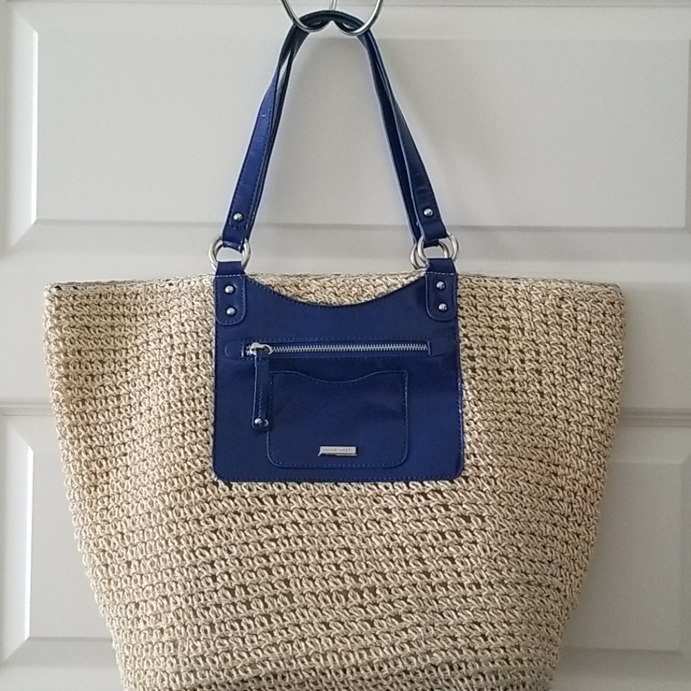 Nine West Straw woven tote bag with blue accents